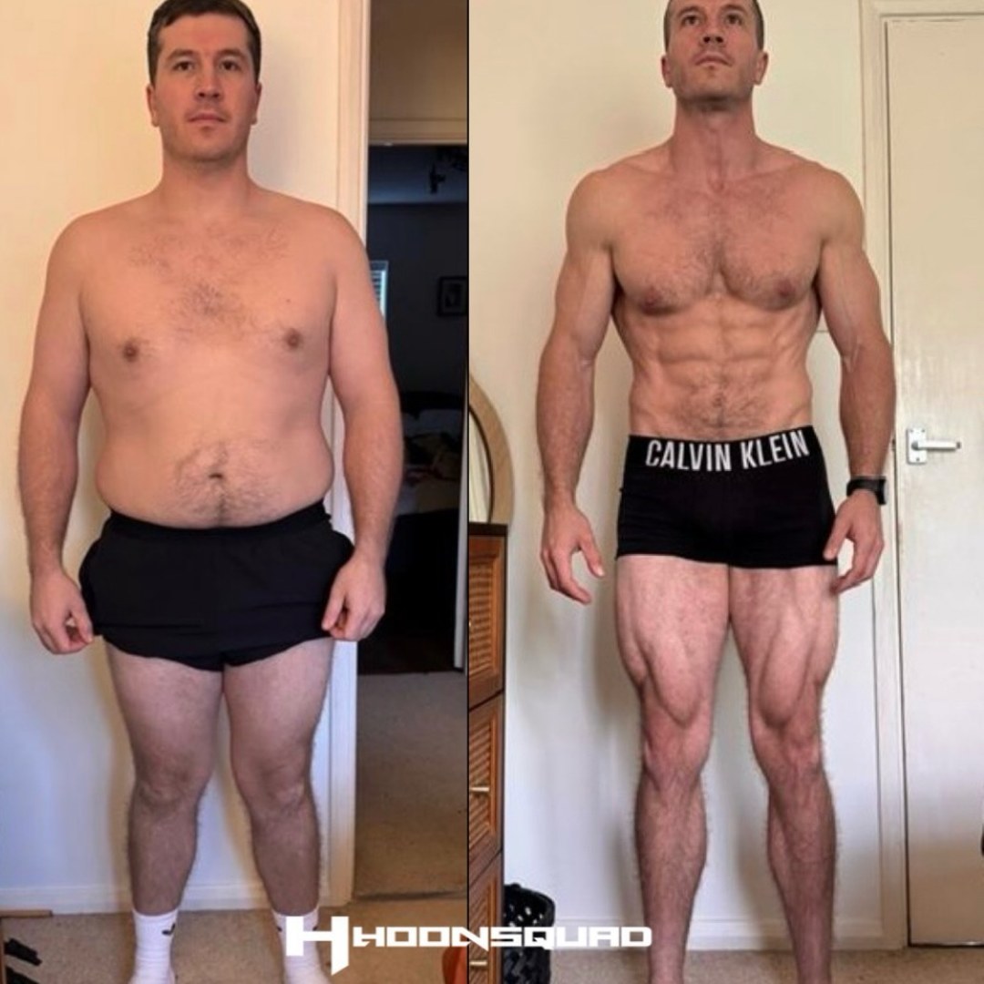JP&rsquo;s published HOONSQUAD plate for Connor: before beside after, 26kg off across the first half of 2026, 1 of 4
